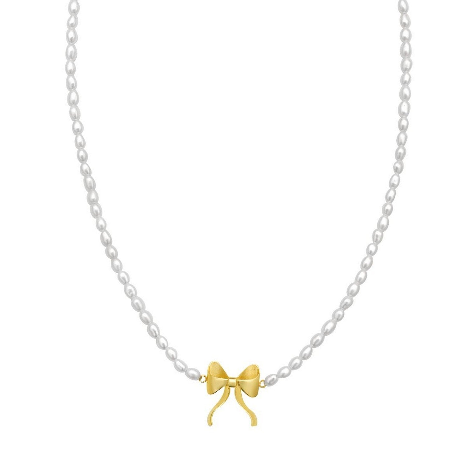 14K Yellow Gold Bow and Pearl Necklace