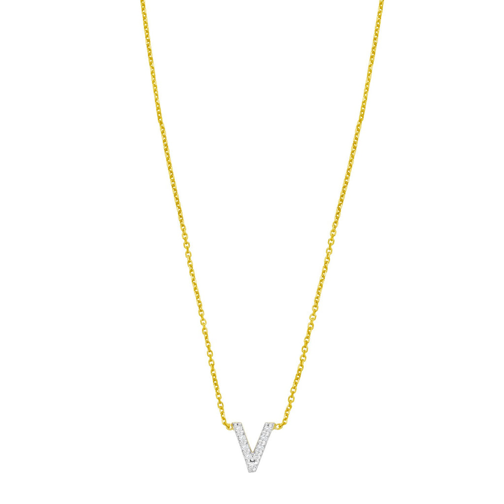 14K Yellow Gold Mini Diamond V Initial Pendant Necklace