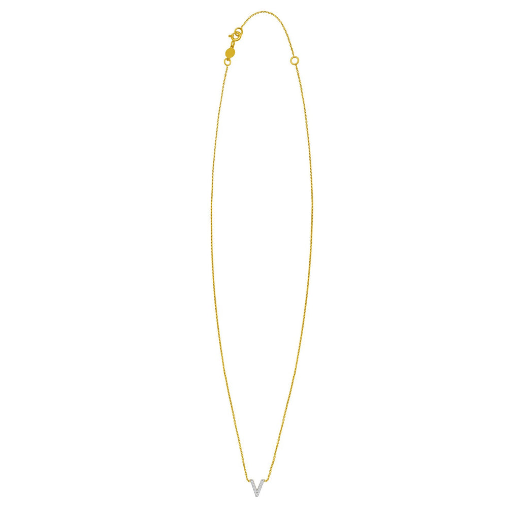 14K Yellow Gold Mini Diamond V Initial Pendant Necklace