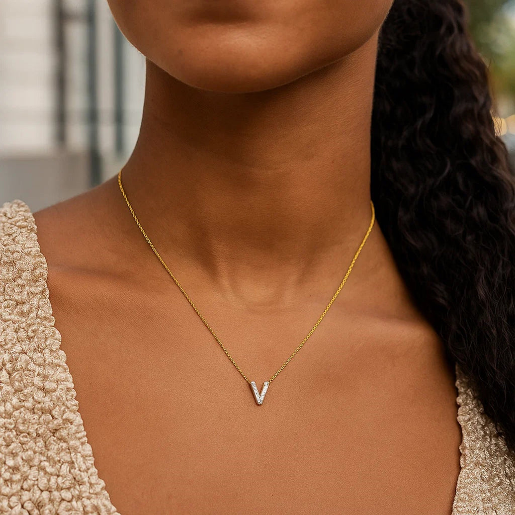 14K Yellow Gold Mini Diamond V Initial Pendant Necklace