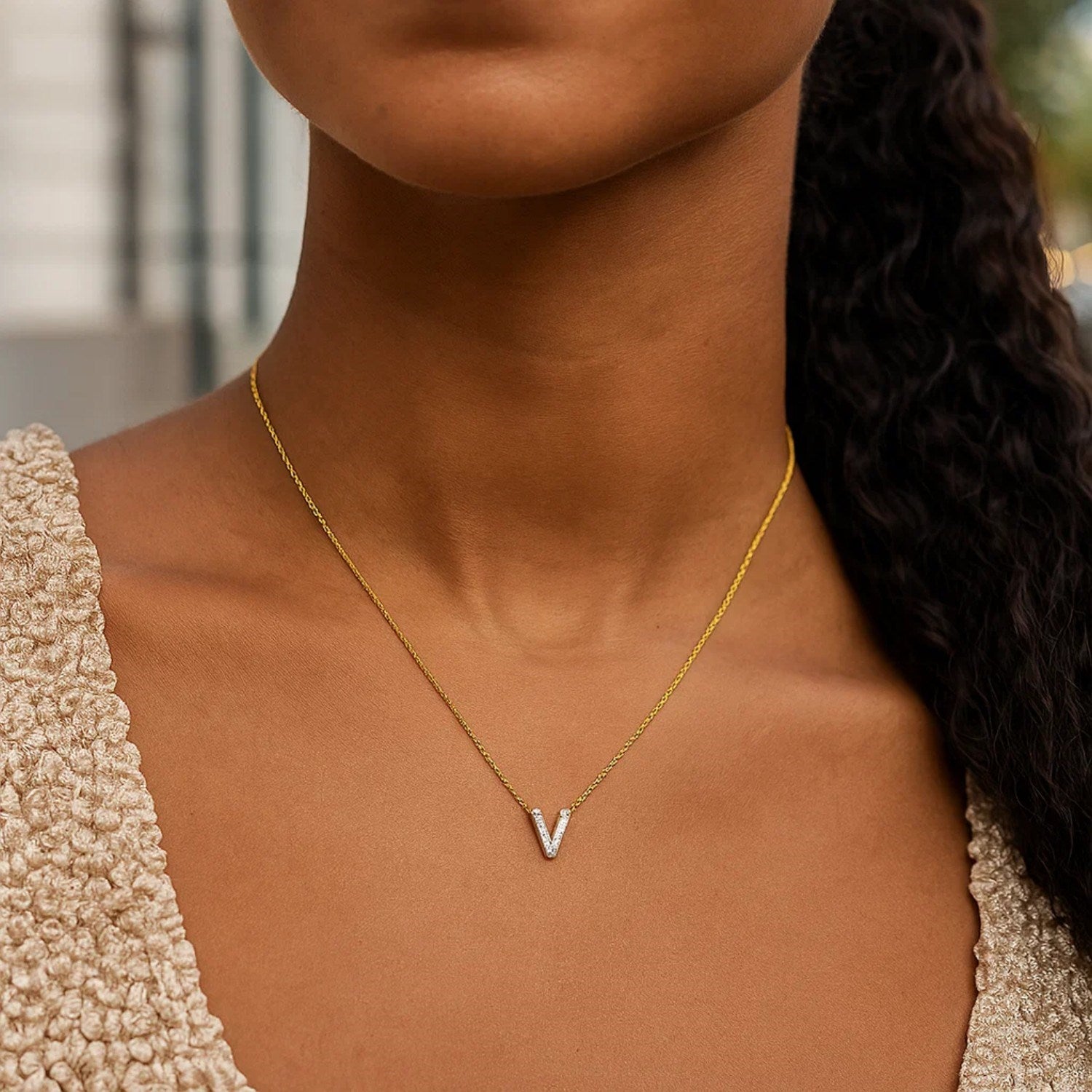 14K Yellow Gold Mini Diamond V Initial Pendant Necklace