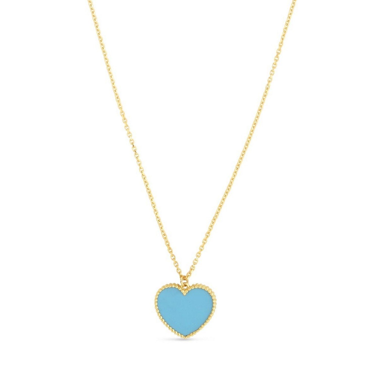 14k Yellow Gold High Polish Heart Turquoise Paste Necklace