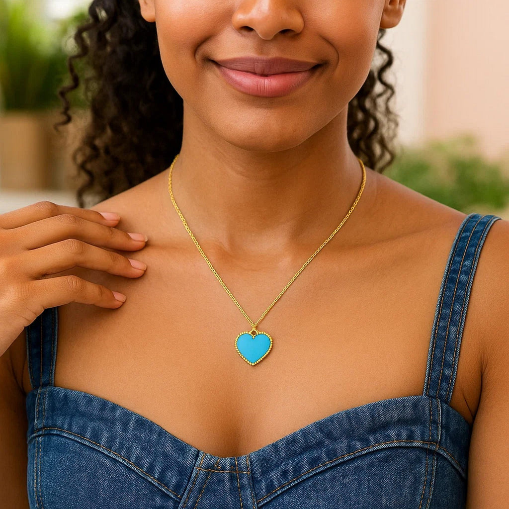 14k Yellow Gold High Polish Heart Turquoise Paste Necklace