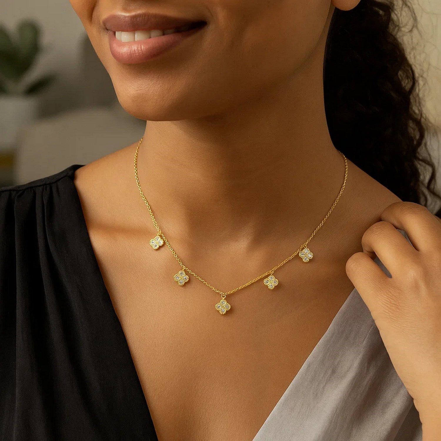 14K Yellow Gold Diamond Flower Necklace