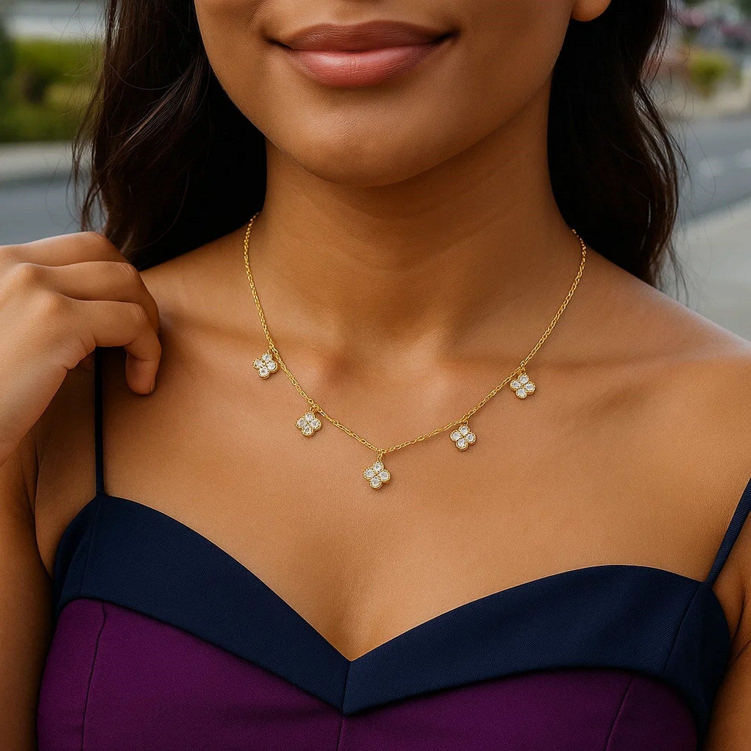 14K Yellow Gold Diamond Flower Necklace